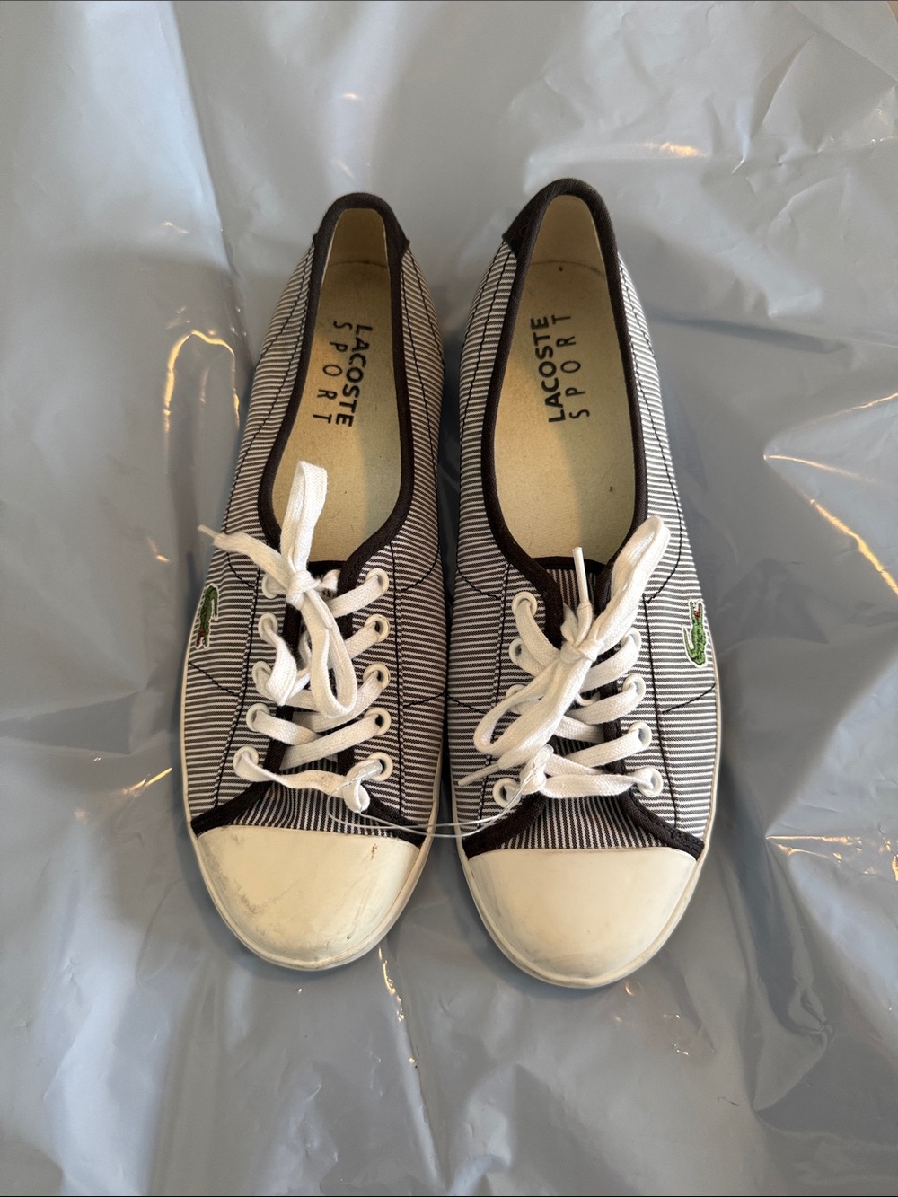 Lacoste Women's Navy and White Striped Canvas Sneakers with Green Logo